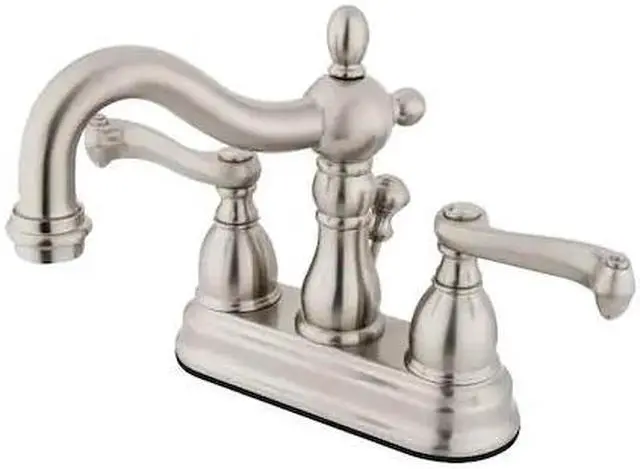 Alt view image 3 of 3 - Kingston Brass KS1608FL 4 in. Heritage Centerset Lavatory Faucet with Brass Pop-Up & Metal Lever Handle Satin Nickel