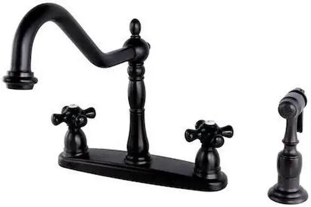 Alt view image 2 of 8 - Kingston Brass KB1755PKXBS 8 in. Victorian Centerset Kitchen Faucet & Brass Sprayer with Classic Cross Handle, Oil Rubbed Bronze