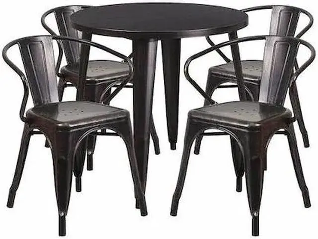 Main image of 30'' Round Black-Antique Gold Metal Indoor-Outdoor Table Set with 4 Arm Chairs