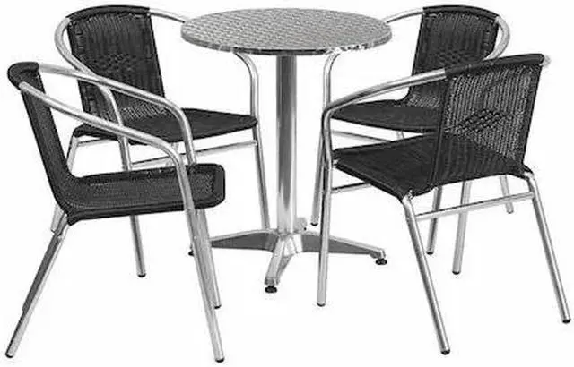 Main image of 23.5'' Round Aluminum Indoor-Outdoor Table Set with 4 Black Rattan Chairs