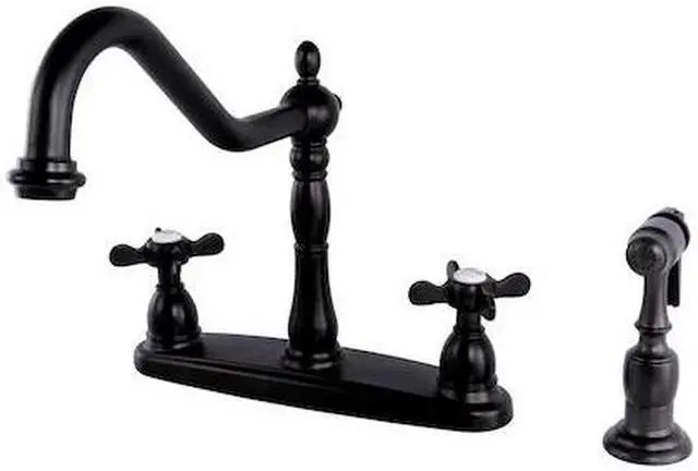 Alt view image 3 of 5 - Kingston Brass KB1755BEXBS 8 in. Centerset Kitchen Faucet & Brass Sprayer with Classic Cross Handle, Oil Rubbed Bronze