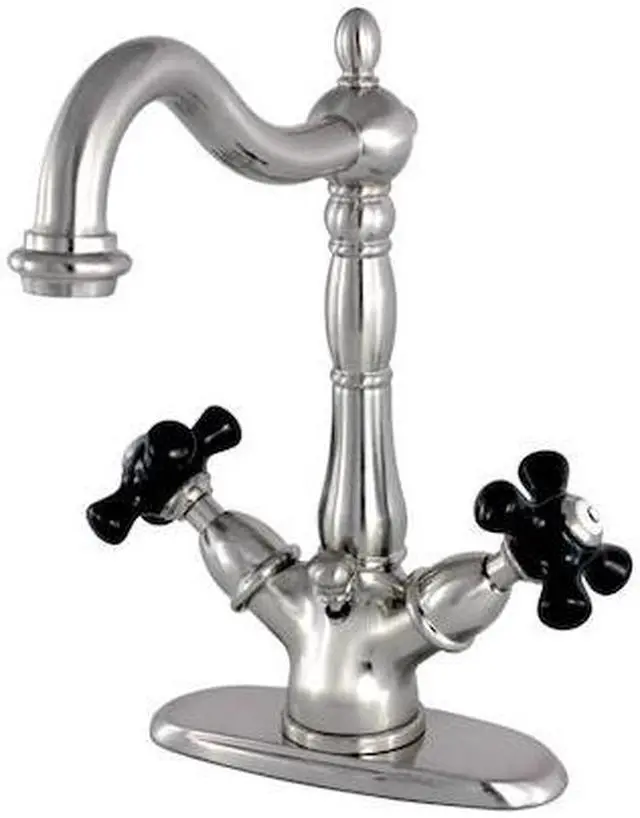 Alt view image 2 of 4 - Kingston Brass KS1438PKX 4 in. Duches Centerset Lavatory Faucet with Brass Pop-Up Elegant Cross Handle, Satin Nickel