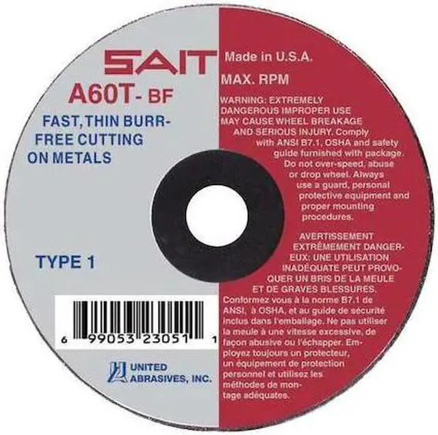 Main image of UNITED ABRASIVES-SAIT 23043 CutOff Wheel,A60T,3"x1/16"x1/4",25000rpm