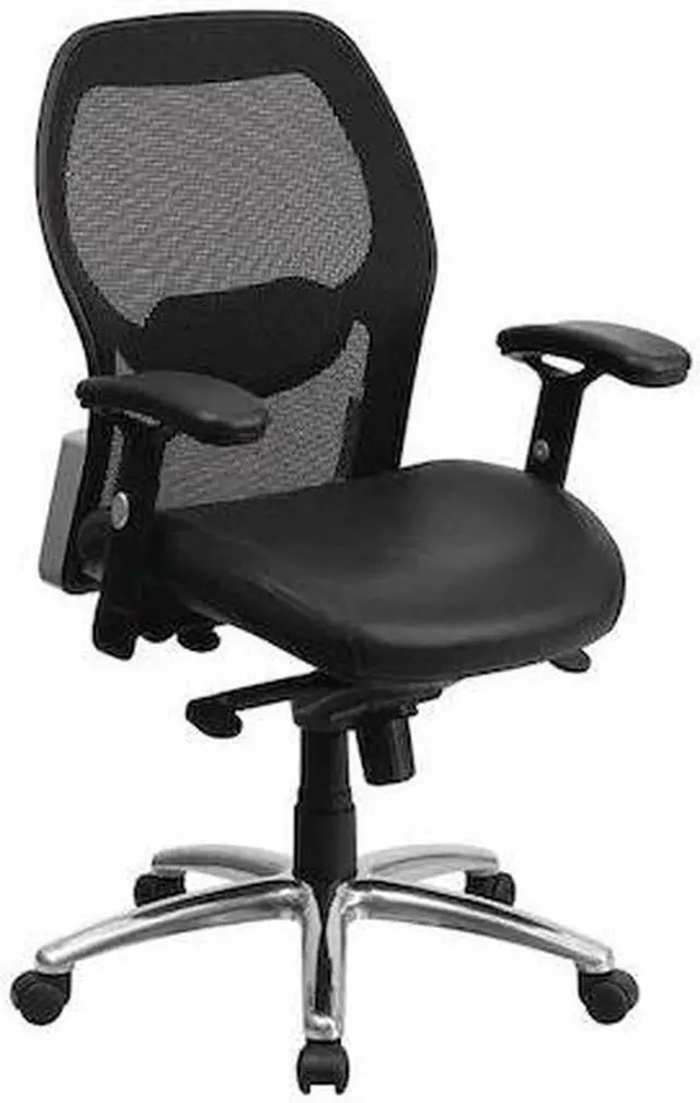 Main image of Mid-Back Black Super Mesh Executive Swivel Chair with Leather Seat, Knee Tilt Control and Adjustable Arms