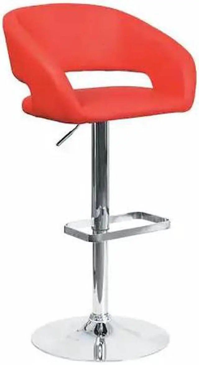 Alt view image 9 of 20 - Contemporary Red Vinyl Adjustable Height Barstool with Rounded Mid-Back and Chrome Base