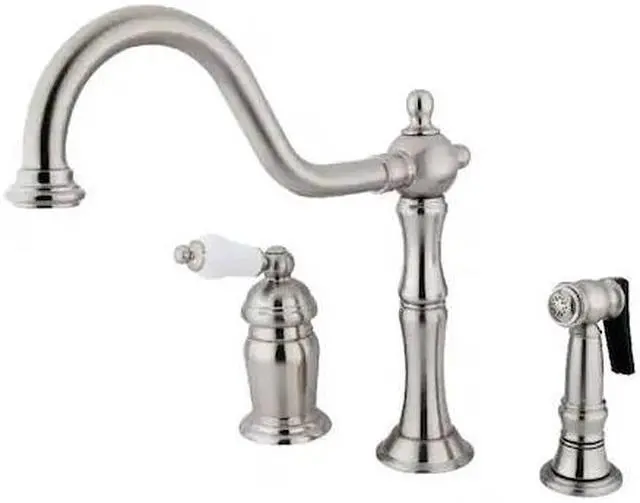 Alt view image 4 of 5 - Kingston Brass KS181.PLBS Heritage Kitchen Faucet with Porcelain Lever Handle an, Satin Nickel