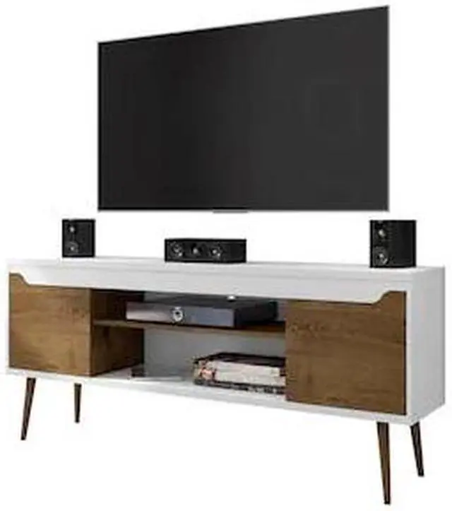 Alt view image 7 of 14 - Bradley 62.99 TV Stand White and Rustic Brown with 2 Media Shelves and 2 Storage Shelves in White and Rustic Brown with Solid Wood Legs
