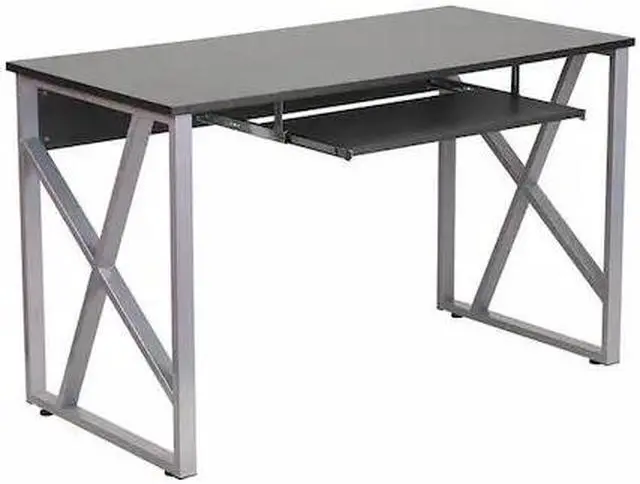 Main image of Black Computer Desk with Pull-Out Keyboard Tray and Cross-Brace Frame
