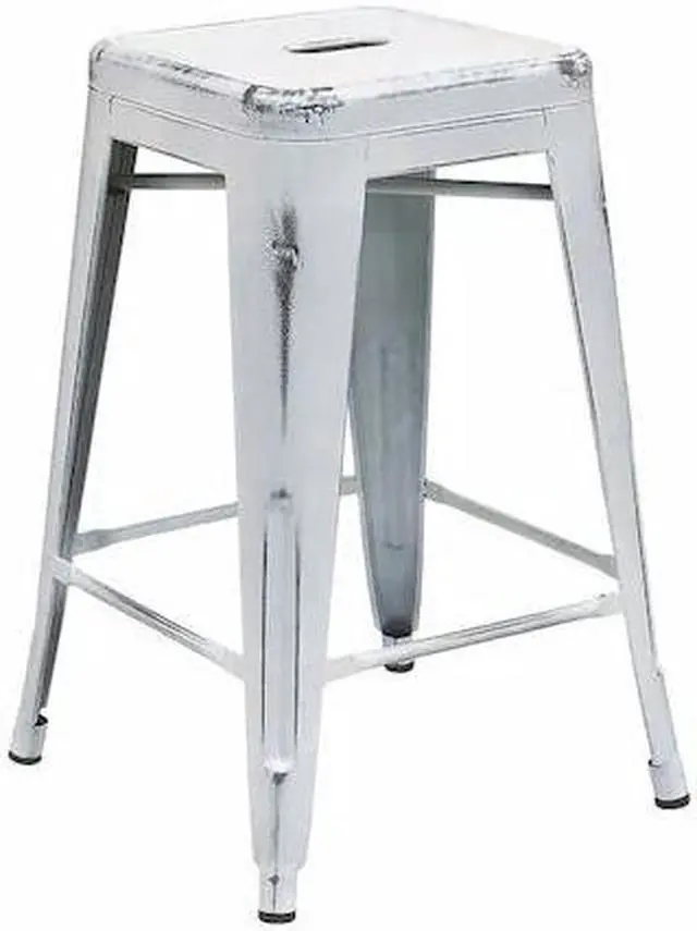 Main image of Commercial Grade 24" High Backless Distressed White Metal Indoor-Outdoor Counter Height Stool