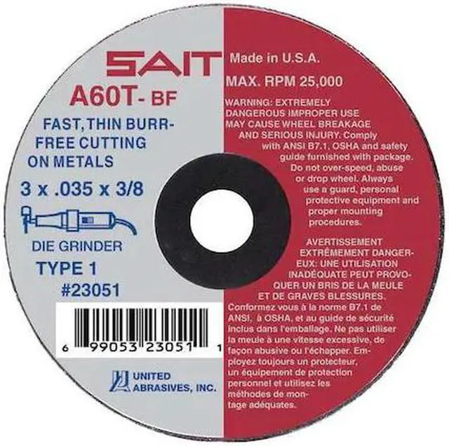 Alt view image 2 of 3 - UNITED ABRASIVES-SAIT 23053 CutOff Wheel,A60T,3"x.035"x1/4",25000rpm