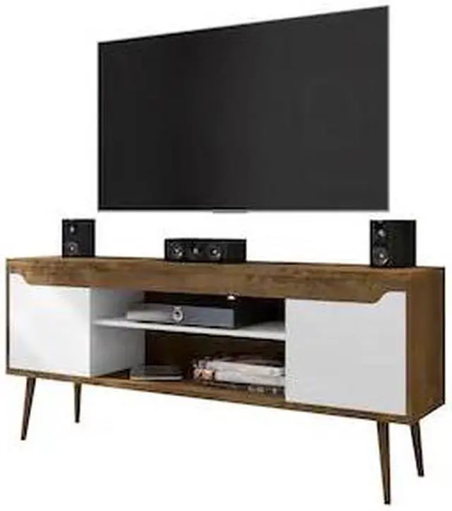 Alt view image 7 of 14 - Bradley 62.99 TV Stand Rustic Brown and White  with 2 Media Shelves and 2 Storage Shelves in Rustic Brown and White  with Solid Wood Legs