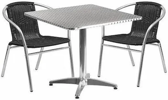 Main image of 31.5'' Square Aluminum Indoor-Outdoor Table Set with 2 Black Rattan Chairs