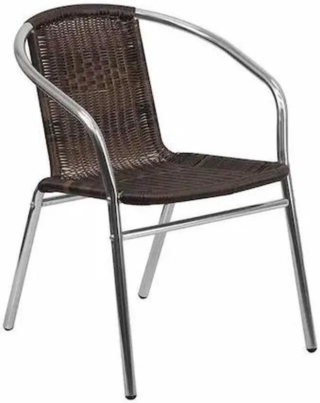 Alt view image 4 of 20 - Commercial Aluminum and Dark Brown Rattan Indoor-Outdoor Restaurant Stack Chair