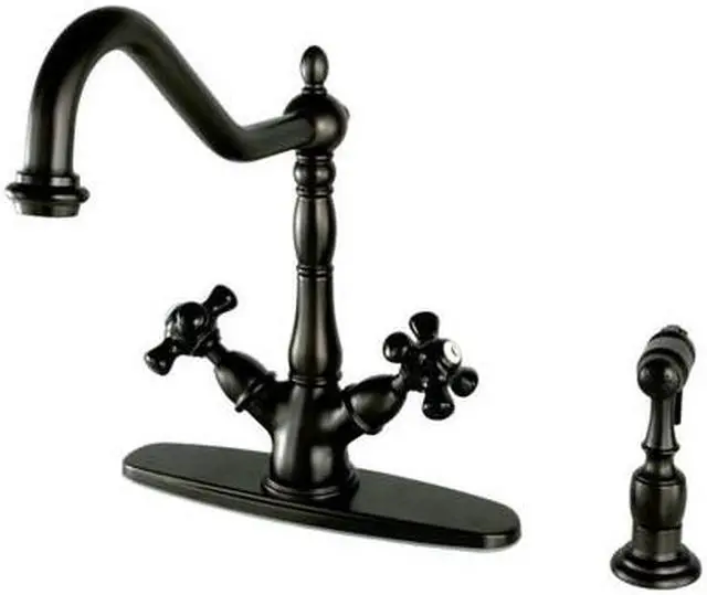 Alt view image 2 of 4 - Kingston Brass KS1235PKXBS 8 in. Centerset Deck Mount Kitchen Faucet with Cross Handle & Brass Sprayer, Oil Rubbed Bronze