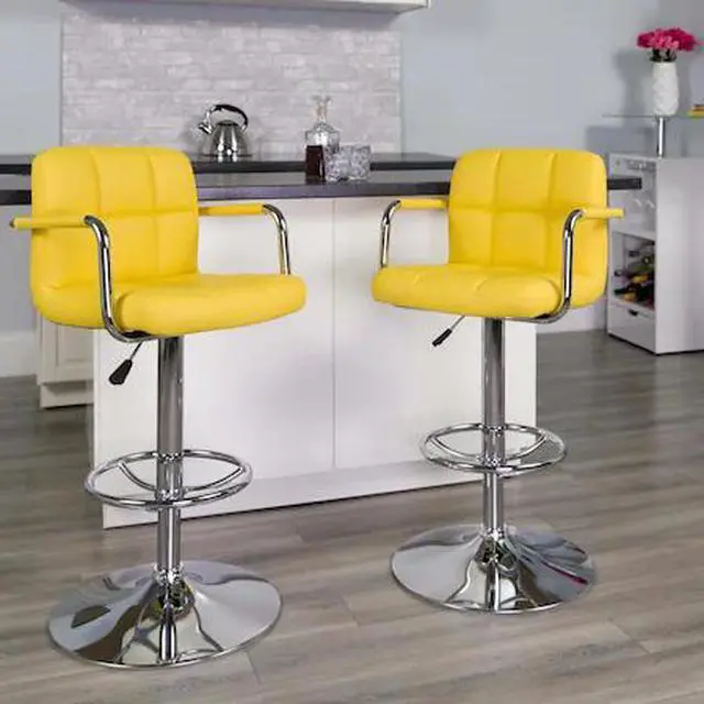 Alt view image 2 of 8 - 2 Pk. Contemporary Yellow Quilted Vinyl Adjustable Height Barstool with Arms and Chrome Base
