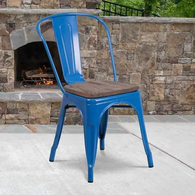 Alt view image 8 of 17 - Blue Metal Stackable Chair with Wood Seat