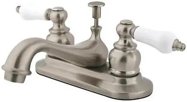 Alt view image 2 of 4 - Kingston Brass GKB608B Water Saving Restoration Centerset Lavatory Faucet with Ceramic & Oak Handles, Satin Nickel
