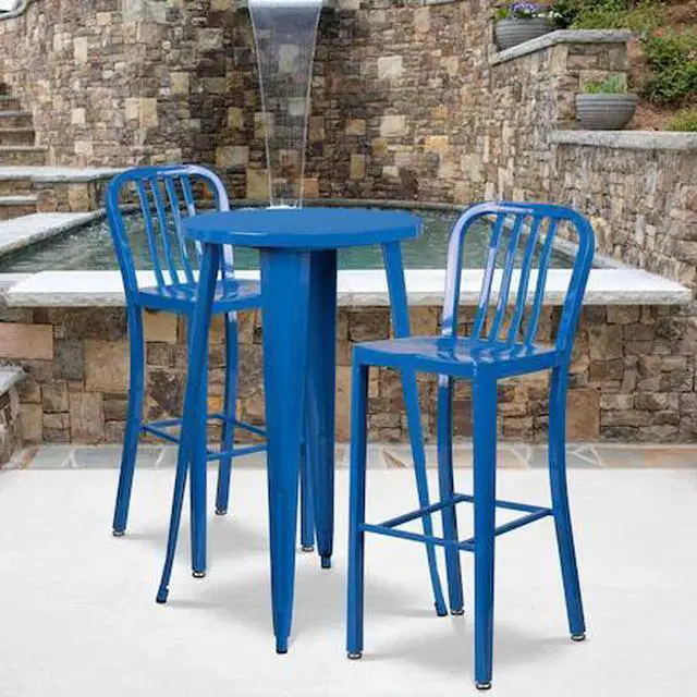 Alt view image 8 of 17 - Flash Furniture Commercial Grade 30" High Blue Metal Indoor-Outdoor Barstool with Vertical Slat Back 2 Pack (2CH6120030BL)