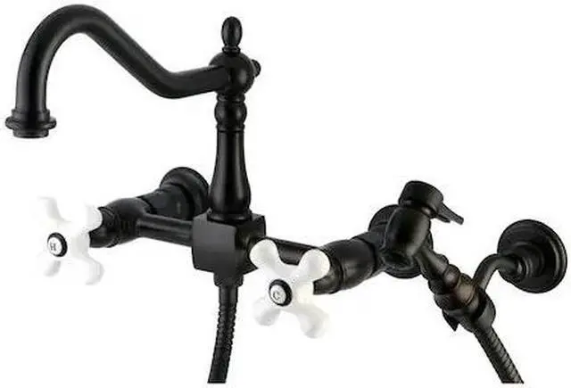 Main image of HERITAGE KS1245PXBS KS1245PXBS 2-Handle 8" Wall Mount Kitchen Faucet with Brass