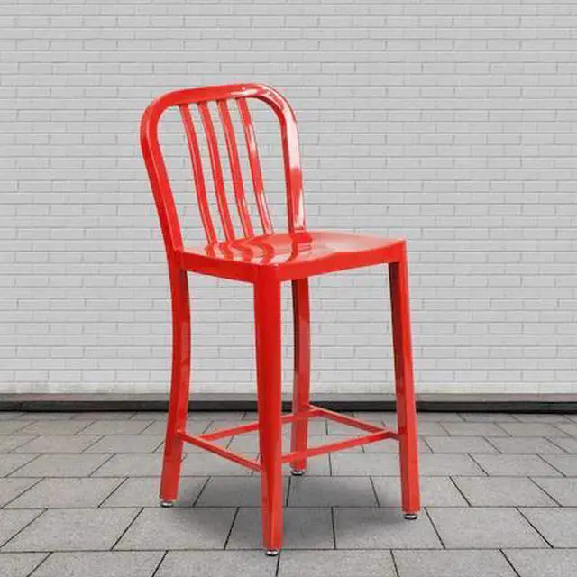Main image of Flash Furniture 24" High Red Metal Indoor-Outdoor Counter Height Stool with Vertical Slat Back 2 Pack (2CH6120024RED)