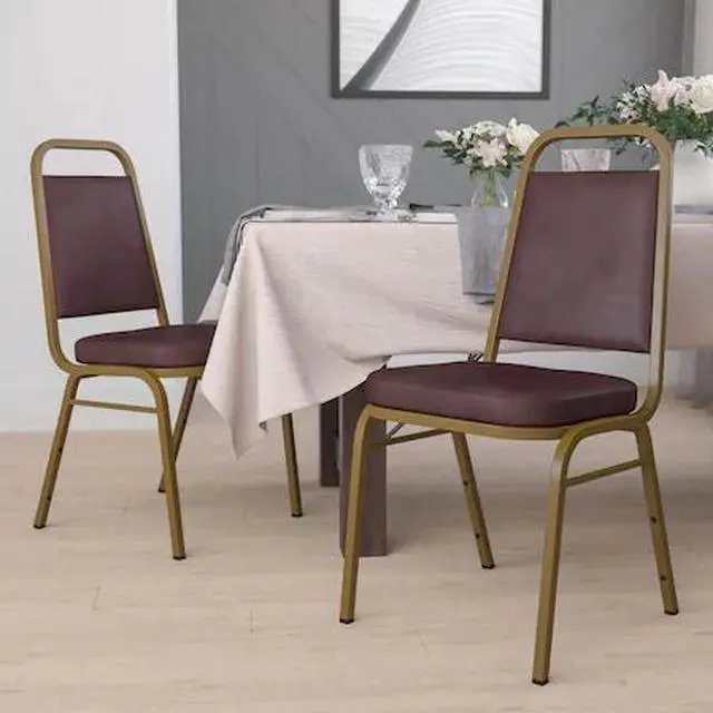 Alt view image 4 of 7 - 4 Pack HERCULES Series Trapezoidal Back Stacking Banquet Chair in Brown Vinyl - Gold Frame