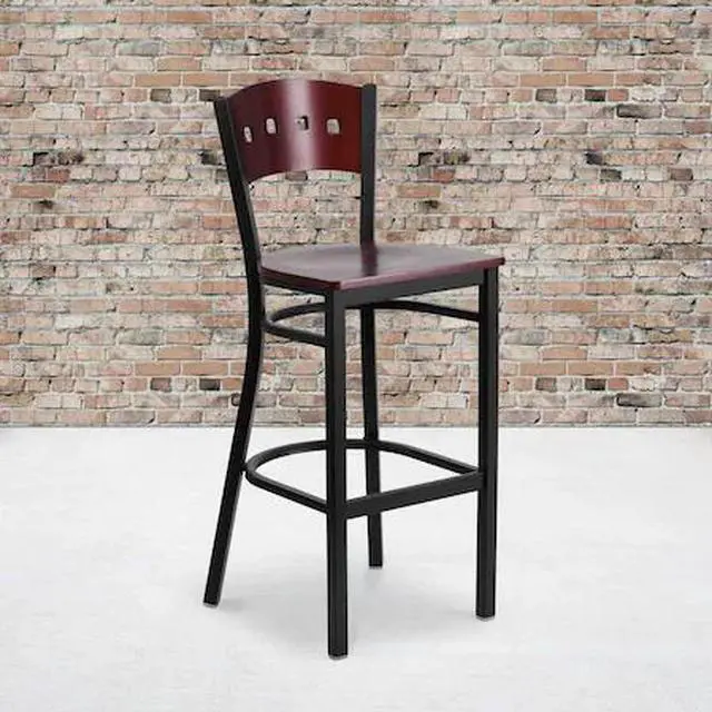 Alt view image 2 of 14 - Flash Furniture HERCULES Series Traditional Metal Square Back Restaurant Barstool Black/Mahogany 2-Pieces/Pack (2XUDG515MAHB)