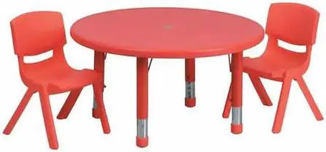 Alt view image 2 of 9 - 33'' Round Red Plastic Height Adjustable Activity Table Set with 2 Chairs