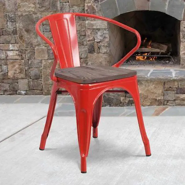 Alt view image 10 of 19 - Red Metal Chair with Wood Seat and Arms