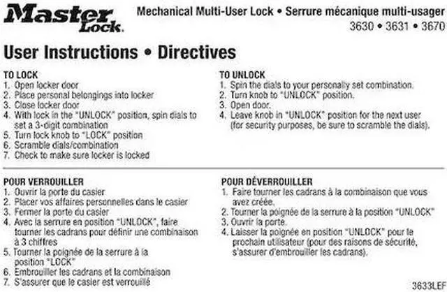 Alt view image 2 of 2 - MASTER LOCK 3633LEF Instruction Magnet, English/French, PK10