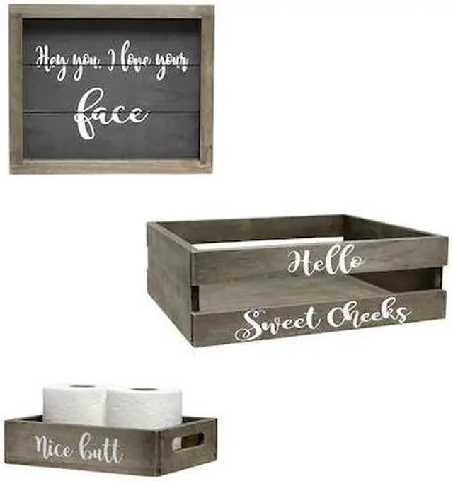 Alt view image 9 of 20 - Elegant Designs Three Piece Decorative Wood Bathroom Set, Small, Cheeky  (1 Towel Holder, 1 Frame, 1 Toilet Paper Holder)