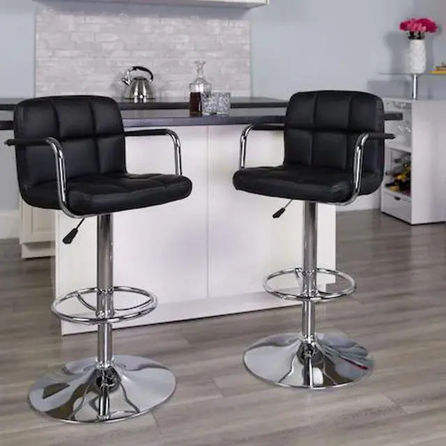 Alt view image 2 of 8 - 2 Pk. Contemporary Black Quilted Vinyl Adjustable Height Barstool with Arms and Chrome Base