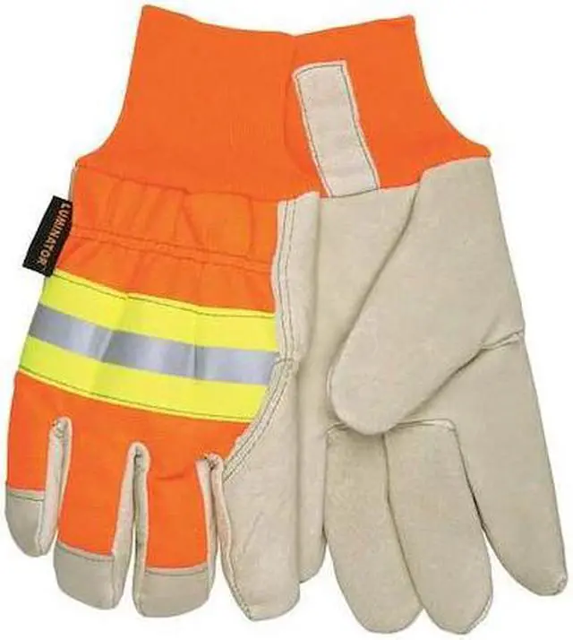 Alt view image 2 of 2 - Mcr Safety Leather Gloves,  L,  Beige Palm, HiVis Orange and Yellow Back,  1 PR