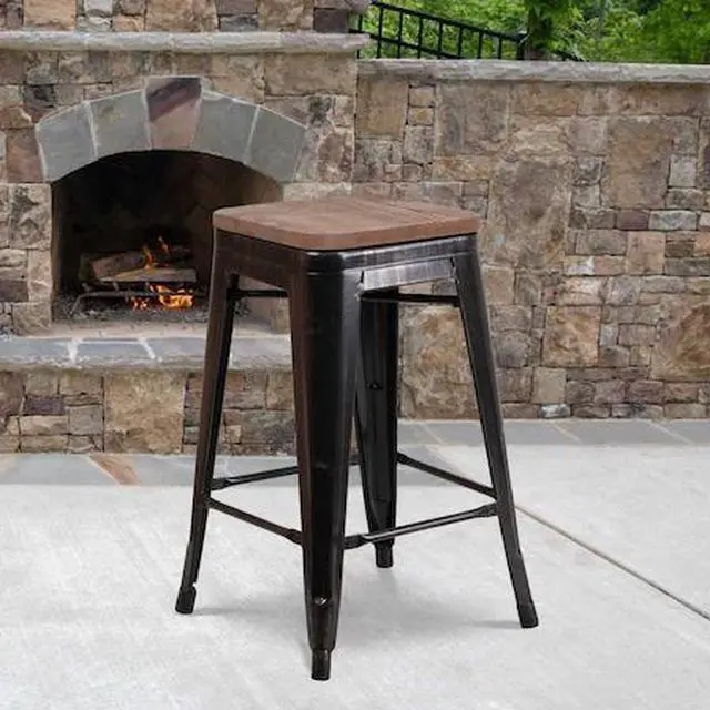Alt view image 8 of 14 - Flash Furniture Lily Industrial Metal Counter Height Stool without Back Black-Antique Gold 4-Pieces/Pack (4CH3132024BQW)