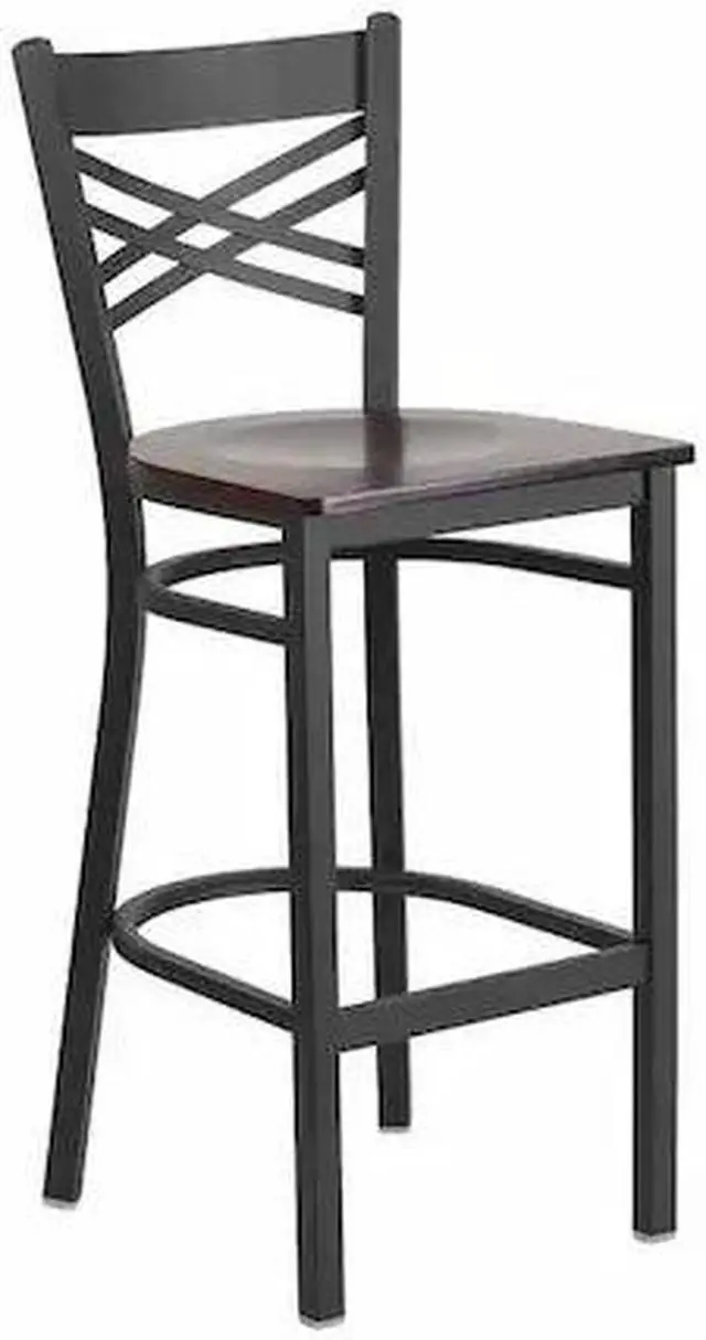 Main image of HERCULES Series Black ''X'' Back Metal Restaurant Barstool - Walnut Wood Seat