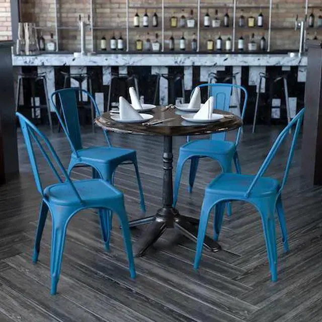 Alt view image 2 of 18 - 4 Pk. Distressed Antique Blue Metal Indoor-Outdoor Stackable Chair