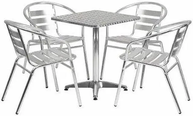 Alt view image 6 of 20 - 23.5'' Square Aluminum Indoor-Outdoor Table Set with 4 Slat Back Chairs