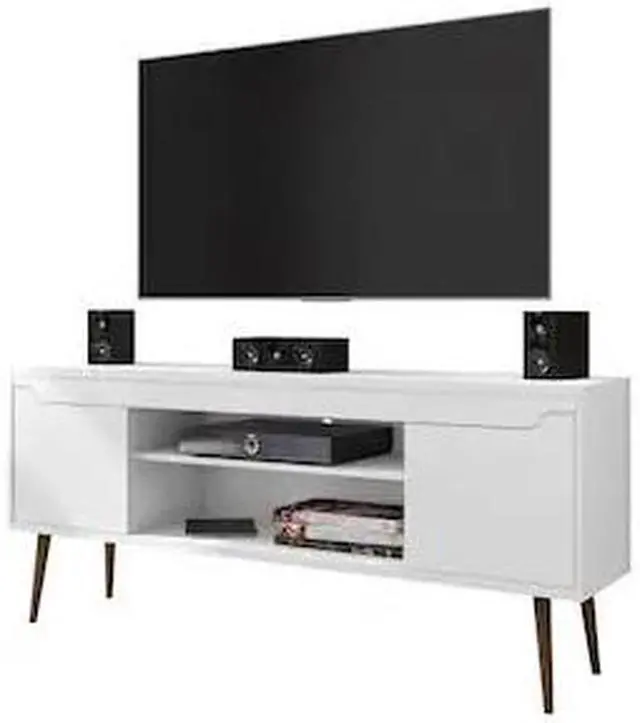 Alt view image 7 of 14 - Bradley 62.99 TV Stand White  with 2 Media Shelves and 2 Storage Shelves in White  with Solid Wood Legs