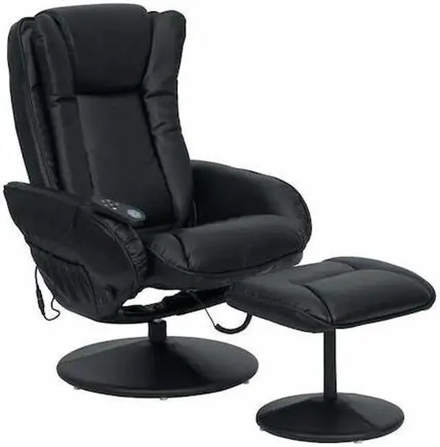 Alt view image 16 of 20 - Massaging Multi-Position Plush Recliner with Side Pocket and Ottoman in Black LeatherSoft