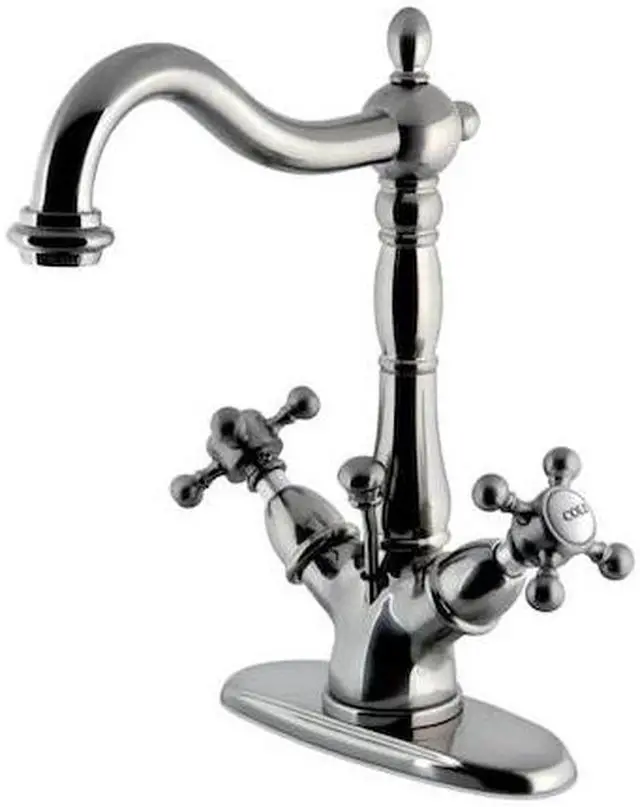 Alt view image 4 of 9 - Kingston Brass KS1438BX 4 in. Deck Plate Lavatory Faucet with Cross Handle & Handle & Brass Pop-Up, Satin Nickel