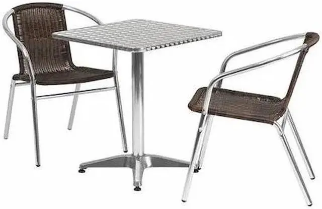 Alt view image 2 of 16 - 23.5'' Square Aluminum Indoor-Outdoor Table Set with 2 Dark Brown Rattan Chairs