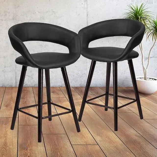 Alt view image 2 of 8 - 2 Pk. Brynn Series 24'' High Contemporary Black Vinyl Counter Height Stool with Cappuccino Wood Frame