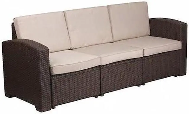 Alt view image 9 of 20 - Chocolate Brown Faux Rattan Sofa with All-Weather Beige Cushions