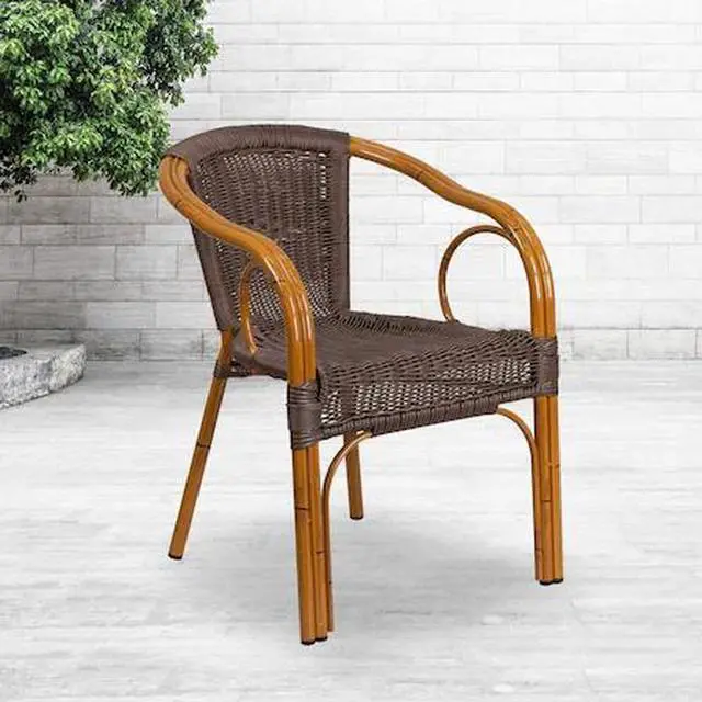 Alt view image 6 of 20 - Flash Furniture Cadiz Series Bamboo Patio Chair Dark Brown Rattan/Red Bamboo-Aluminum Frame 3 Pack (3SDAAD632009D2)