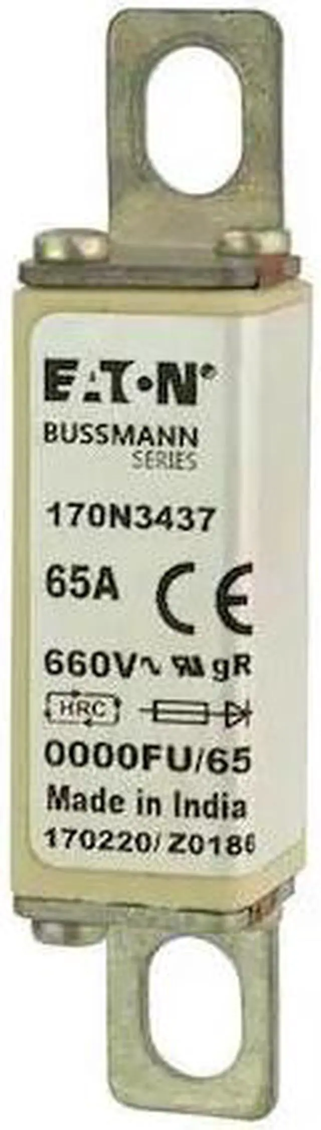 Main image of EATON BUSSMANN 170N3437 Semiconductor Fuse, 65A, Fast-Acting, 660V AC, Bolt-On