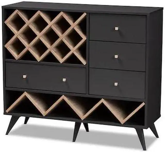 Alt view image 14 of 20 - Baxton Studio Savino Mid-Century Modern Dark Grey and Oak Finished Wood Wine Cabinet