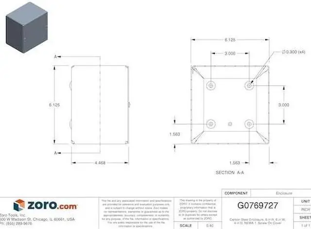 Alt view image 2 of 2 - 6"H x 6"W x 4"D Metallic Enclosure, Gray, Knockouts: No, Screws Closure Method