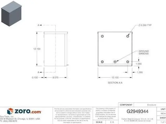 Alt view image 4 of 5 - WIEGMANN RSC121208 Padlockable Hasp Electrical Enclosures, 12 in H, 8 in D, 12