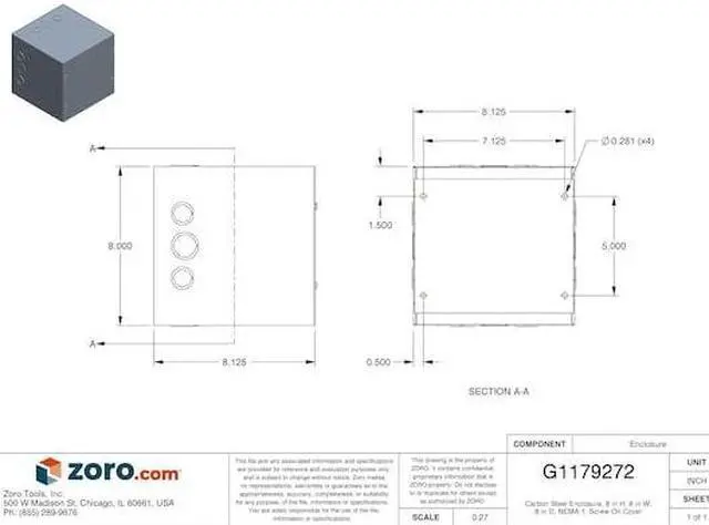 Alt view image 5 of 5 - 8"H x 8"W x 8"D Metallic Enclosure, Gray, Knockouts: Yes, Screws Closure Method