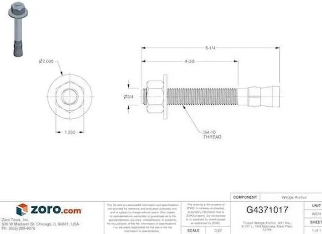 Alt view image 3 of 4 - RED HEAD WW-3462 Trubolt Wedge Anchor, 3/4" Dia., 6-1/4" L, 18-8 Stainless