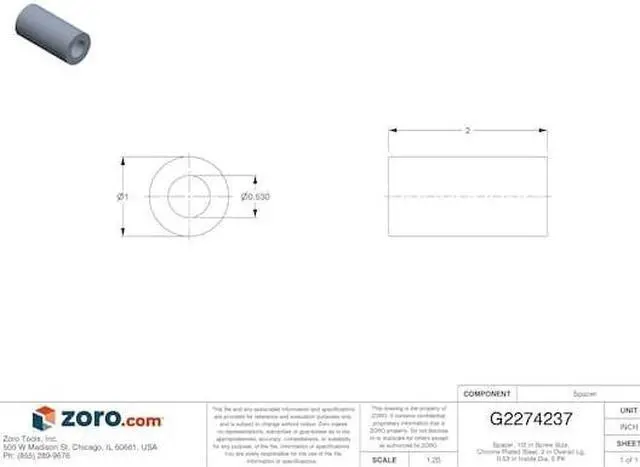 Alt view image 3 of 3 - ZORO SELECT MPB1381 Spacer, 1/2 in Screw Size, Chrome Plated Steel, 2 in